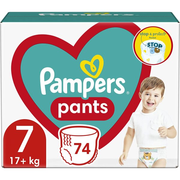 Pampers Pants Windelstiefel Größe 7, 74 Stück, 17kg+, mit Stop & Protect Anti-Leckfunktion hinten