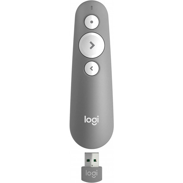 Logitech R500s Presenter mit Laser Klasse 1 für Bluetooth und USB – Universell kompatibel, 20 Meter Reichweite, Hellgrau