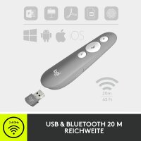 Logitech R500s Presenter mit Laser Klasse 1 für Bluetooth und USB – Universell kompatibel, 20 Meter Reichweite, Hellgrau