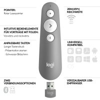 Logitech R500s Presenter mit Laser Klasse 1 für Bluetooth und USB – Universell kompatibel, 20 Meter Reichweite, Hellgrau