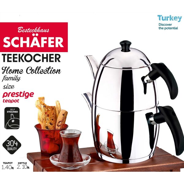 Teekanne Caydanlik Teekessel 1,4 und Wasserkessel 2,1 Liter 18/10 Edelstahl mit Kunststoffgriff