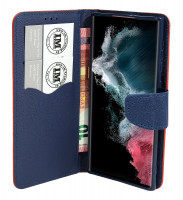 Buch Tasche "Fancy" kompatibel mit SAMSUNG GALAXY S23 ULTRA (SM-918B) Etui mit Standfunktion, Kartenfach Rot-Blau