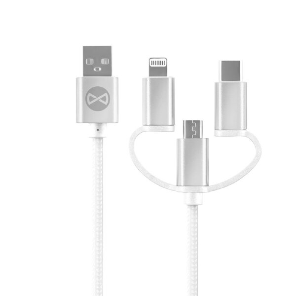 3in1 USB - iPhone + USB-C + microUSB Ladekabel Datenkabel 1.2m 20W 3A Weiß