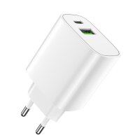 LS-04 20W Wandladegerät Handy-Ladegerät 1x USB QC 3.0 + 1x USB-C PD für Ihr Handy und Tablet Weiß