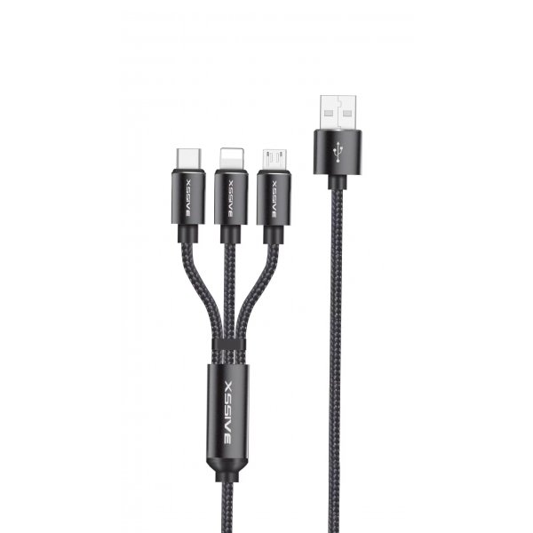 COFI 3in1 Charge USB Kabel 1.2 Meter 2.4A Schnell-Ladekabel geflochten Universal für Smartphones schwarz