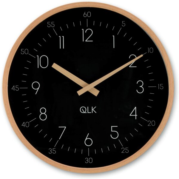 QLK Wanduhr schwarz Slight Moderne Design Uhr mit Holzrahmen und Zeigern, Ø31cm (schwarz)