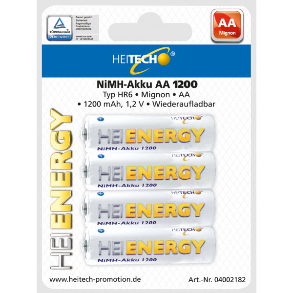 HEITECH 4er Pack NIMH-Akku, Mingnon/AA / HR06 2500mAh Wiederaufladbare Batterie mit geringer Selbstentladung - Akku für Geräte mit hohem Stromverbrauch