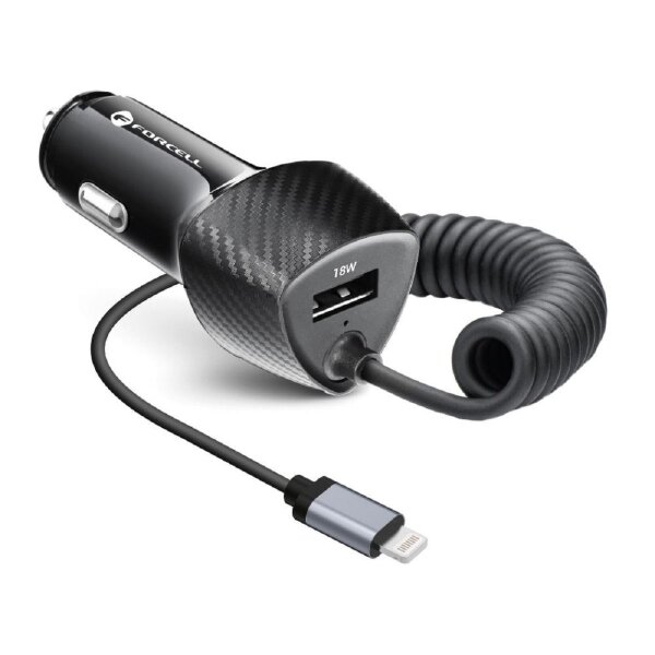 FORCELL KFZ-Ladegerät CARBON USB QC 3.0 18W + Kabel iPhone-Anschluss 8-pin PD20W CC50-1AL Schwarz (Total 38W)