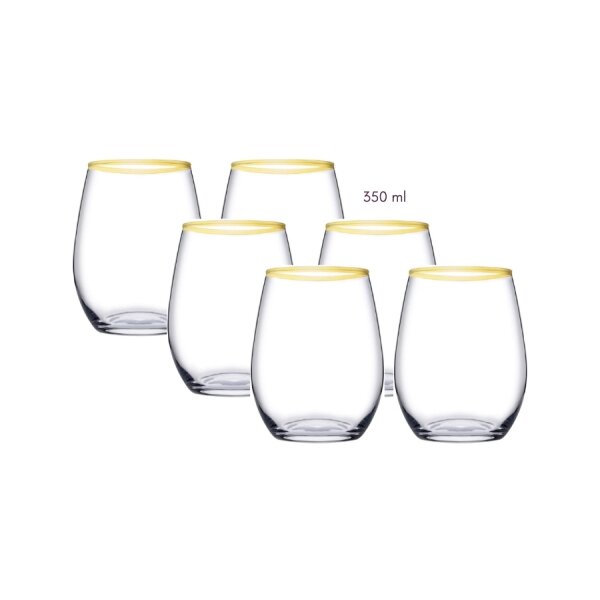 Pasabahce Gläser-Set Amber Golden Touch, Glas, Long Drink Gläser 6-teiliges Set mit Goldrand 350ml