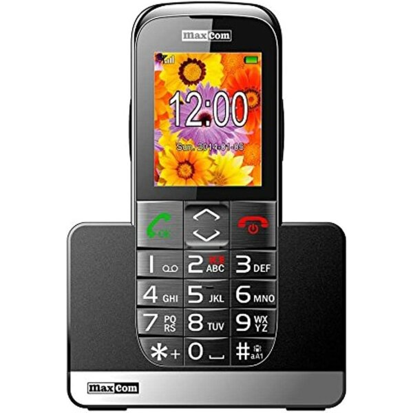 Maxcom MM 720BB Großtasten Multi-Media Handy micro-SIM (5,6 cm (2,2 Zoll) Farbdisplay, 0,3 Megapixel Kamera, Bluetooth) mit Ladeschale schwarz