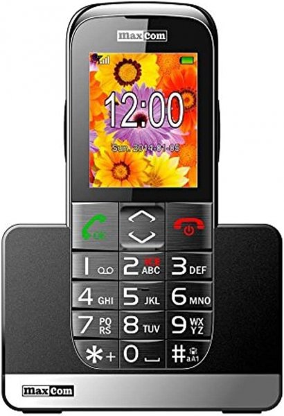 Maxcom MM 720BB Großtasten Multi-Media Handy micro-SIM (5,6 cm (2,2 Zoll) Farbdisplay, 0,3 Megapixel Kamera, Bluetooth) mit Ladeschale schwarz