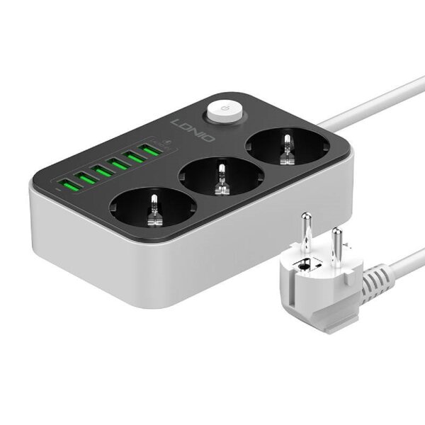 LDNIO SE3631 Steckdosenleiste mit Netzladegerät mit 3 AC-Anschlüssen, 6x USB, 1,6m Schwarz