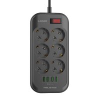 LDNIO SE6403 Steckdosenleiste mit 6 Steckdosen, 4x USB, Leuchtanzeigen, Überladungsschutz 2m Schwarz