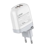 LDNIO A3511Q Netzladegerät GaN-Ladegerät , 2x USB + USB-C, 65W Handyladegerät, bis zu 3 Geräte gleichzeitig laden Weiß