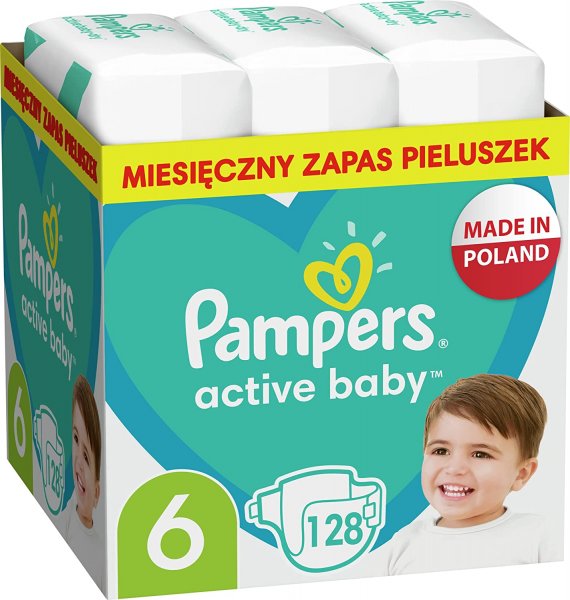 Pampers Active Baby Dry Windeln Größe 6, einzigartiges 3-Wege-Schutzsystems, 24-Stunden-Auslaufschutz, 128 Windeln
