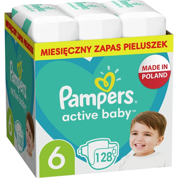 Pampers Active Baby Dry Windeln Größe 6, einzigartiges 3-Wege-Schutzsystems, 24-Stunden-Auslaufschutz, 128 Windeln