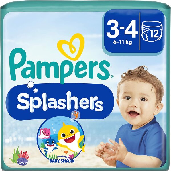 Pampers Windeln Größe 3-4, Splashers Baby Shark Limited Edition, 12 Stück, Einweg-Schwimmwindeln, für sicheren Schutz im Wasser