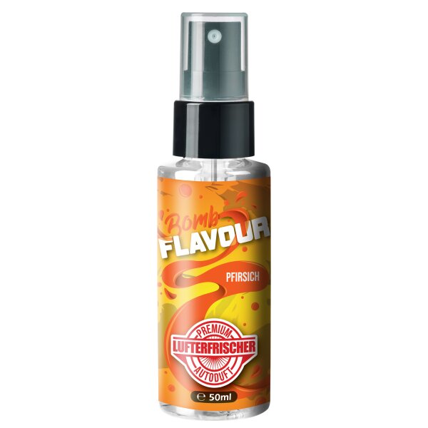 ShinyChiefs FLAVOUR BOMB Pfirsich - Autoduft mit Pfirsich Geruch - Premium Lufterfrischer für den Auto-Innenraum, neutralisiert unangenehme Gerüche im Auto, hochergiebig, Pumpsprühflasche, 50ml