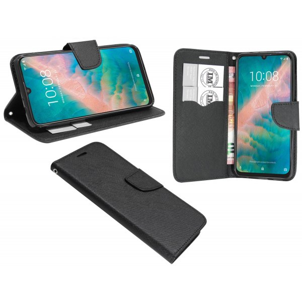 Buch Tasche "Fancy" kompatibel mit ZTE BLADE A72 5G Handy Hülle Etui Brieftasche Schutzhülle mit Standfunktion, Kartenfach Schwarz