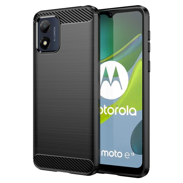 Carbon Case kompatibel mit Motorola Moto E13 flexible Silikon-Carbon-Hülle schwarz