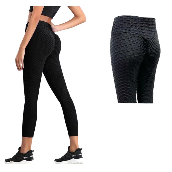 Damen Leggings Geraffte Hintern Heben Hohe Taille Push Up Boom Booty Schwarz