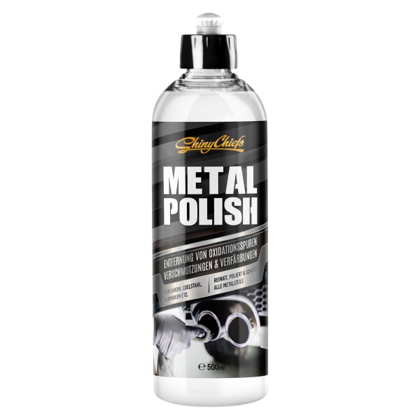 ShinyChiefs METAL POLISH - Hochglanz Autopolitur für Chrom, Edelstahl und Aluminium - Reinigungsstarke Auto Metallpolitur entfernt Oxidationsspuren und Verschmutzungen von allen Metallteilen, 500ml