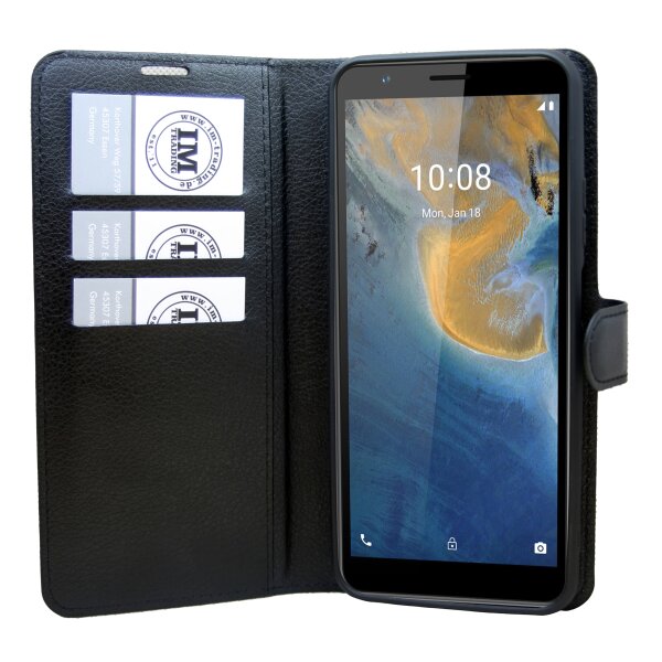 Buch Tasche "Fancy" kompatibel mit ZTE Blade Axon 40 Lite Handy Hülle Etui Brieftasche Schutzhülle mit Standfunktion, Kartenfach Schwarz