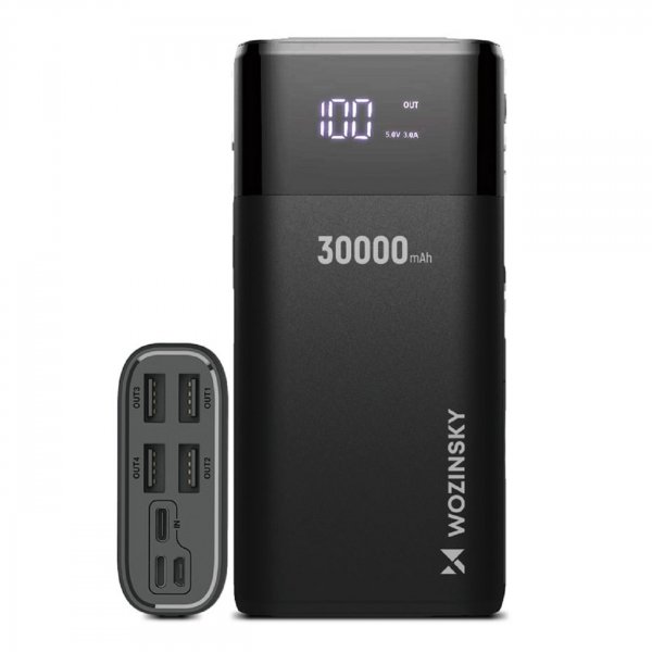 Wozinsky Powerbank 30000mAh Li-Po 4 x USB mit LCD-Display 2 A Ladegerät Schwarz/Weiß