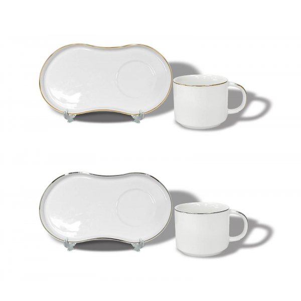12-Teilig Mokkatassen mit Unterteller aus Porzellan Geschirr Kaffeeservice Gold / Silber Umrandung