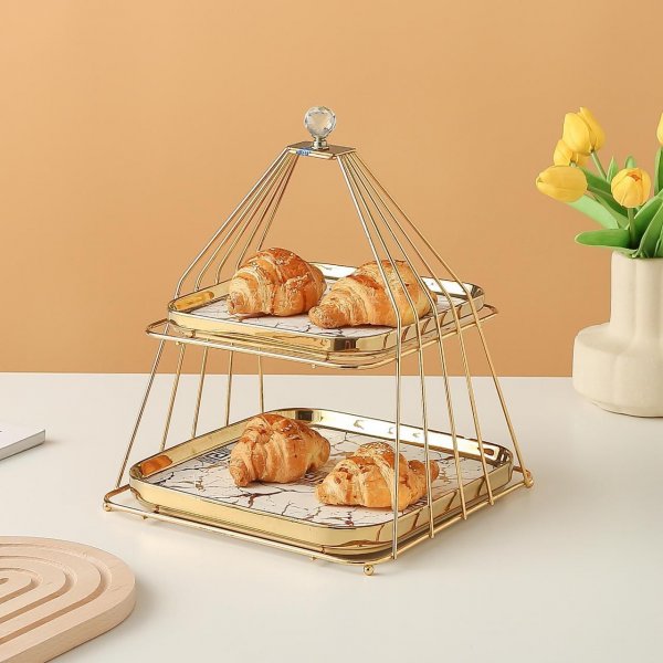 Zellerfeld Etagere 2-stufig Goldkäfig Design Porzellan für Dessert Cake Stand Party Dekoration Obst Marmor