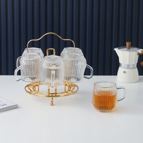 Zellerfeld 6er Set Diamant Teegläser Wassergläser-Set aus Glas mit Henkel & Ständer Transparent