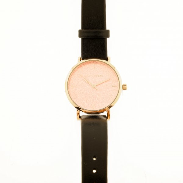 Lily + Stone Armbanduhr, rosanes Zifferblatt, schwarze Schnalle, Armband Schwarz-Gold