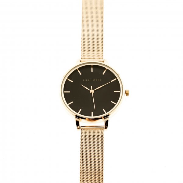 Lily + Stone Armbanduhr, schwarzes Zifferblatt, schwarze Schnalle, Armband Gold