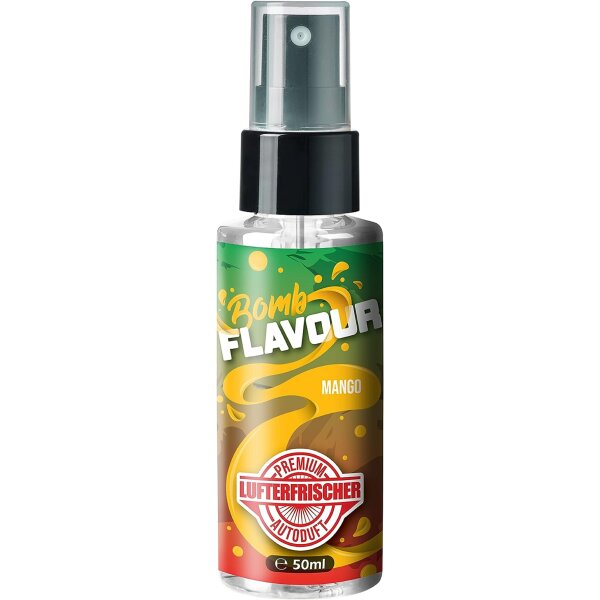 ShinyChiefs FLAVOUR BOMB Mango - Autoduft mit Mango Geruch - Premium Lufterfrischer für den Auto-Innenraum, neutralisiert unangenehme Gerüche im Auto, hochergiebig, Pumpsprühflasche, 50ml