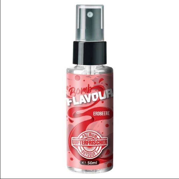 FLAVOUR BOMB Erdbeere- Autoduft mit Erdbeere Geruch - Premium Lufterfrischer für den Auto-Innenraum, neutralisiert unangenehme Gerüche im Auto, hochergiebig, Pumpsprühflasche, 50ml