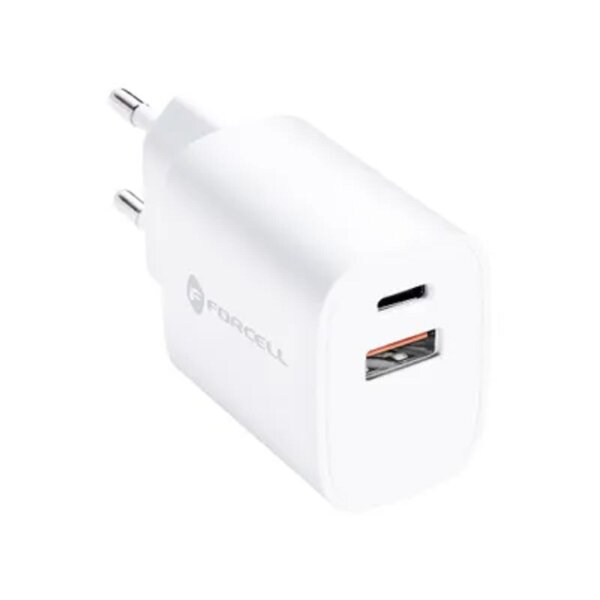 Forcell Wandladegerät mit USB-Typ-C-Anschluss – 3 A, 30 W mit zwei Anschlüssen: USB Typ C und USB A mit PD- und QC 4.0-Aufladung