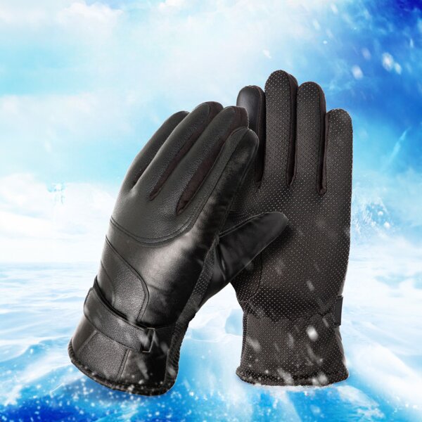 Isolierte Herren-Handyhandschuhe aus PU-Leder Warmhaltend für Winter  – Schwarz