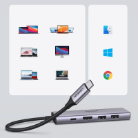 Ugreen Multifunktions-HUB USB Typ C - 2x USB 3.2 Gen 1 / HDMI 4K 60Hz / SD- und TF-Kartenleser / USB Typ C PD 100W grau