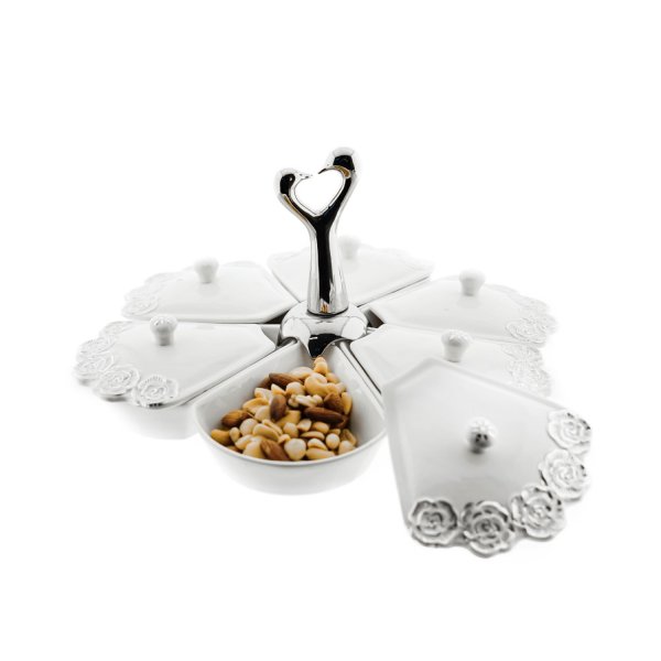 6-teiliges Snackschalen-Set aus Porzellan in Weiß Silberne Halterung und Rosenmuster