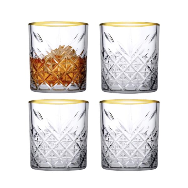 Pasabahce 52790 Whisky Glas Tumbler Timeless im Kristall-Design, Höhe 9,6 cm, 345 ml, 4 Stück, Retro-Design gold