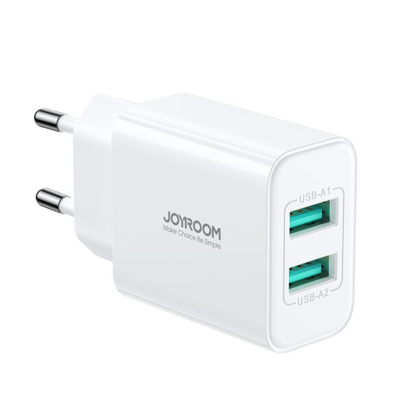 Joyroom Wandladegerät JR-TCN04 2xUSB-A 10,5W 2,1A Netzladegerät - Weiß Schnelles Laden