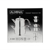 Almina Teekessel-Set mit Deckel Caydanlik Takimi aus 18/10-Edelstahl mit grauen Silikongriffen 1,5L/3,0L für alle Herdarten