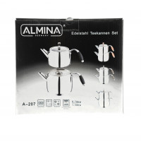 Almina Teekessel-Set mit Deckel Caydanlik Takimi aus 18/10-Edelstahl mit schwarzen Silikongriffen 0,7L/1,5L für alle Herdarten