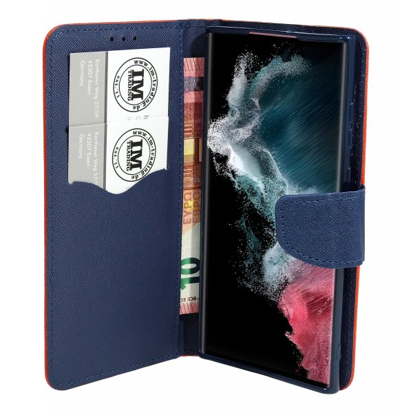 Buch Tasche "Fancy" kompatibel mit SAMSUNG GALAXY S24 PLUS Etui mit Standfunktion, Kartenfach Rot-Blau
