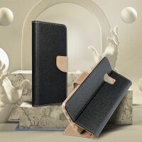 Buch Tasche "Fancy" kompatibel mit SAMSUNG GALAXY S24 PLUS Etui mit Standfunktion, Kartenfach Schwarz-Gold