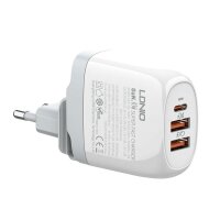 GaN-Ladegerät LDNIO Schnellladegerät A3511Q, 2x USB + USB-C, 65W (weiß)