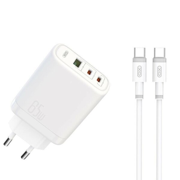 XO Wandladegerät CE04 PD 65W QC 45W 1x USB 2x USB-C weiß + USB-C - USB-C Kabel