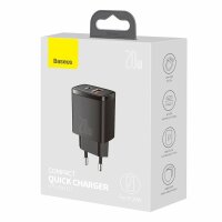 Baseus Compact Schnellladegerät USB / USB Type C 20W 3A Power Delivery Quick Charge 3.0 schwarz