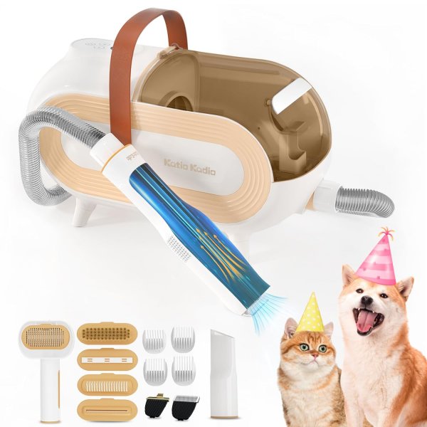 Katio Kadio Hundeschermaschine mit Tierhaar Staubsauger, Profi Haustierpflegeset mit 8 Tierpflegewerkzeugen Gelb