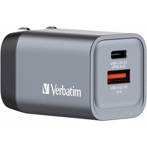 Verbatim GaN Charger 35 W, 2 Ports USB-C Ladegerät, Power Adapter mit USB-C und USB-A, Schnellladegerät als Mehrfachstecker